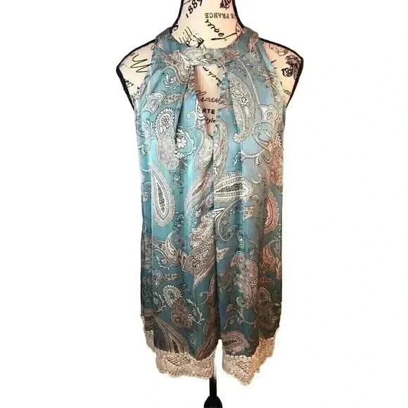 Jeanette Plus USA Womens Small Blouse Silky Blue Green Paisley Choker Sleeveless - Picture 1 of 5